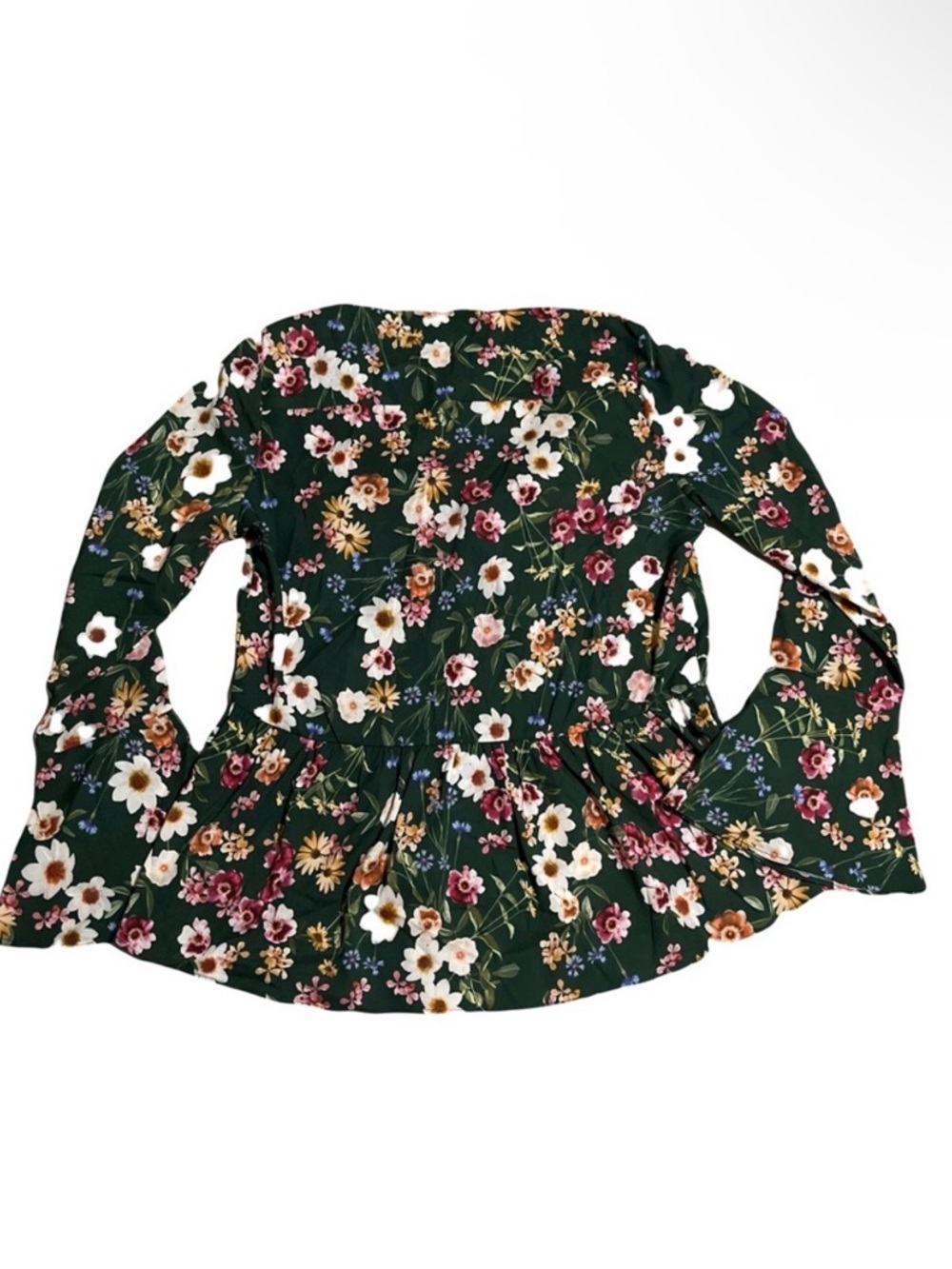 Parker Floral Silk Feel Blouse NWOT Green Ruffle V-Neck Bell Sleeve Peplum Small - Picture 2 of 8